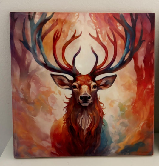 Painting of a deer with large antlers against a colorful abstract background