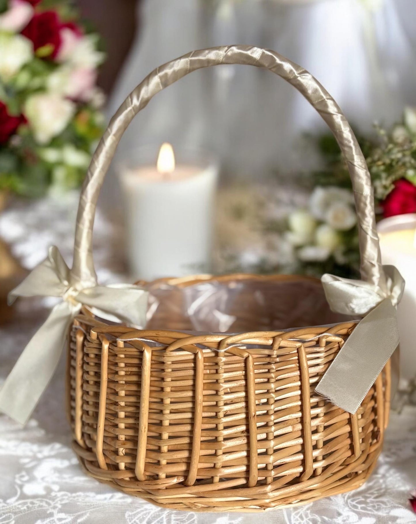 Elegant Flower Girl Basket with Ribbons- Wedding Aisle Decor, Classic Ceremony Accessory