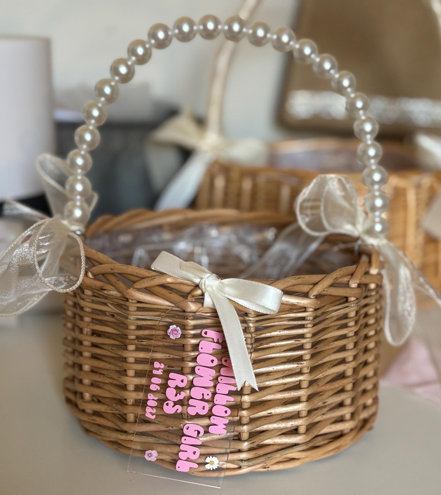 Elegant Flower Girl Basket with Ribbons- Wedding Aisle Decor, Classic Ceremony Accessory