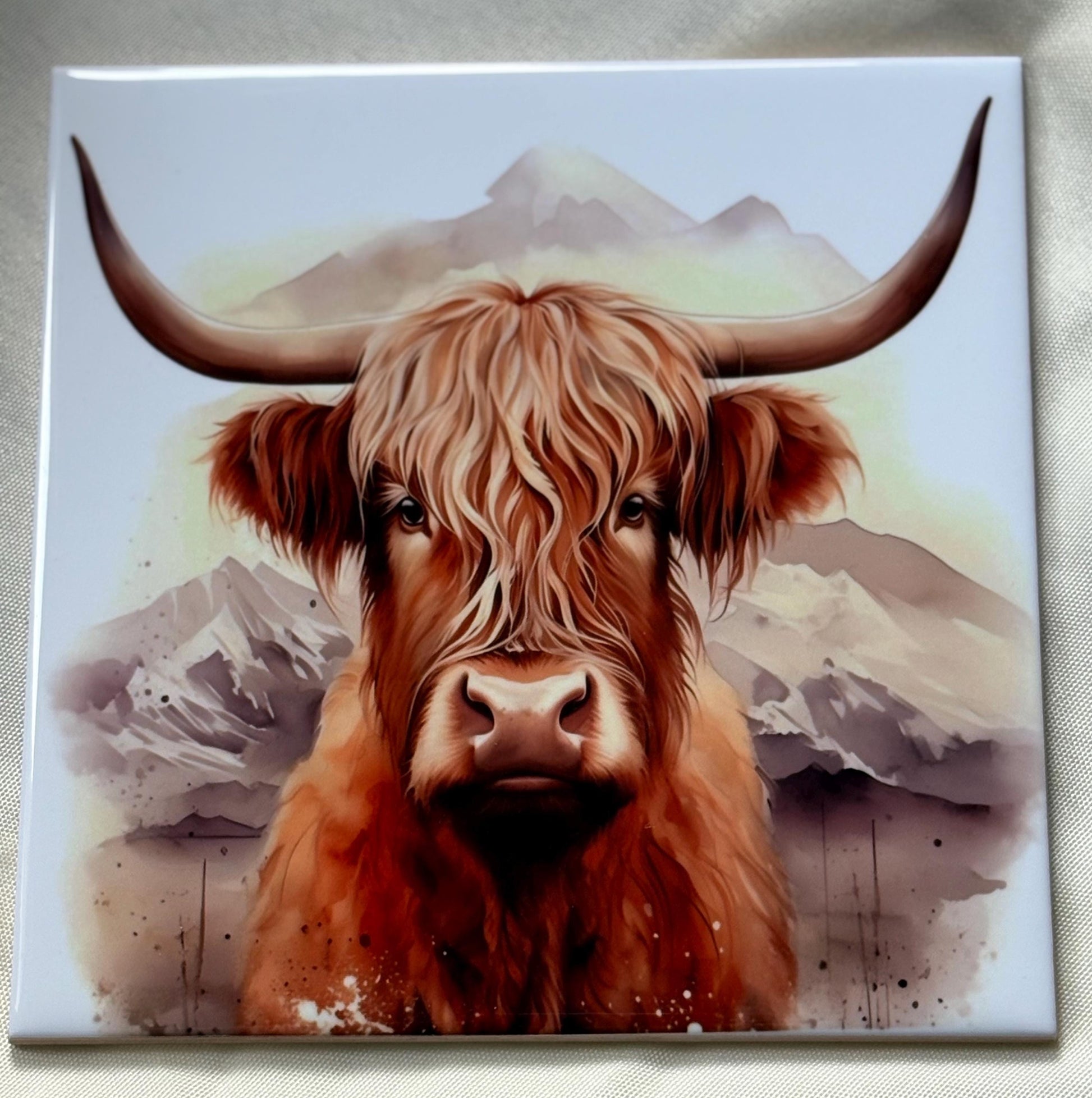 Highland Cow Ceramic Tile: Rustic Scottish Home Decor