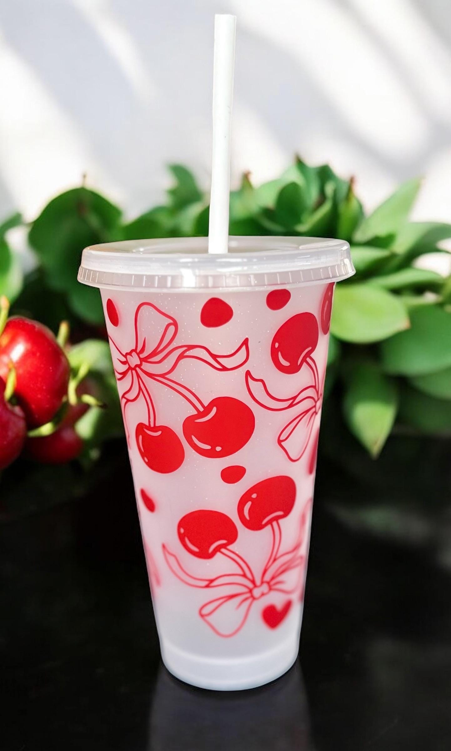 Cherry Cold Cup with Straw - Reusable Tumbler with Bow Design