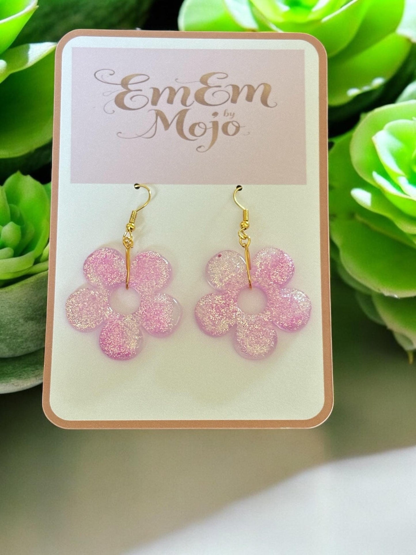 Handmade Resin Flower Earrings - Gold Tone Drop Earrings