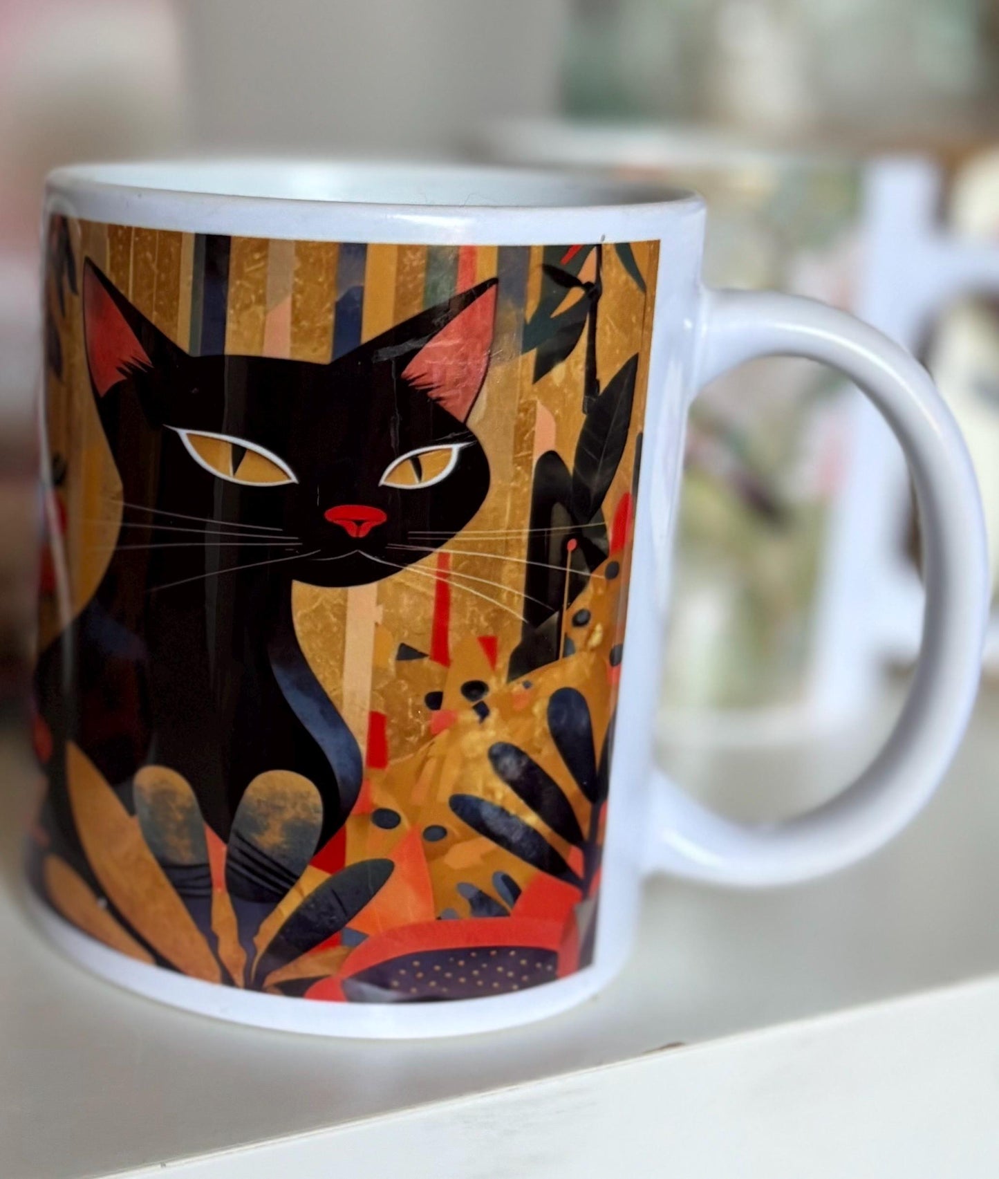 Painted Cat Mug - Artistic Ceramic or Bone China Coffee Cup Gift