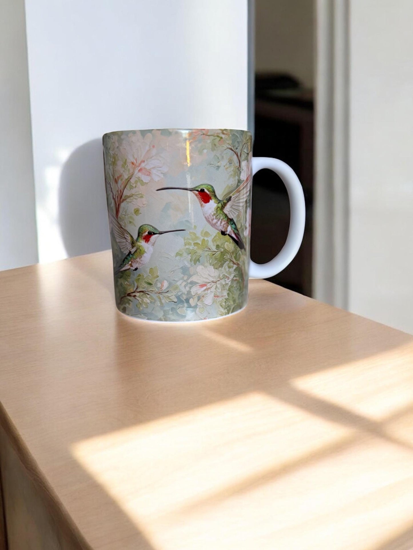 Hummingbird Ceramic Mug - Elegant Pastel Floral Coffee Cup Gift