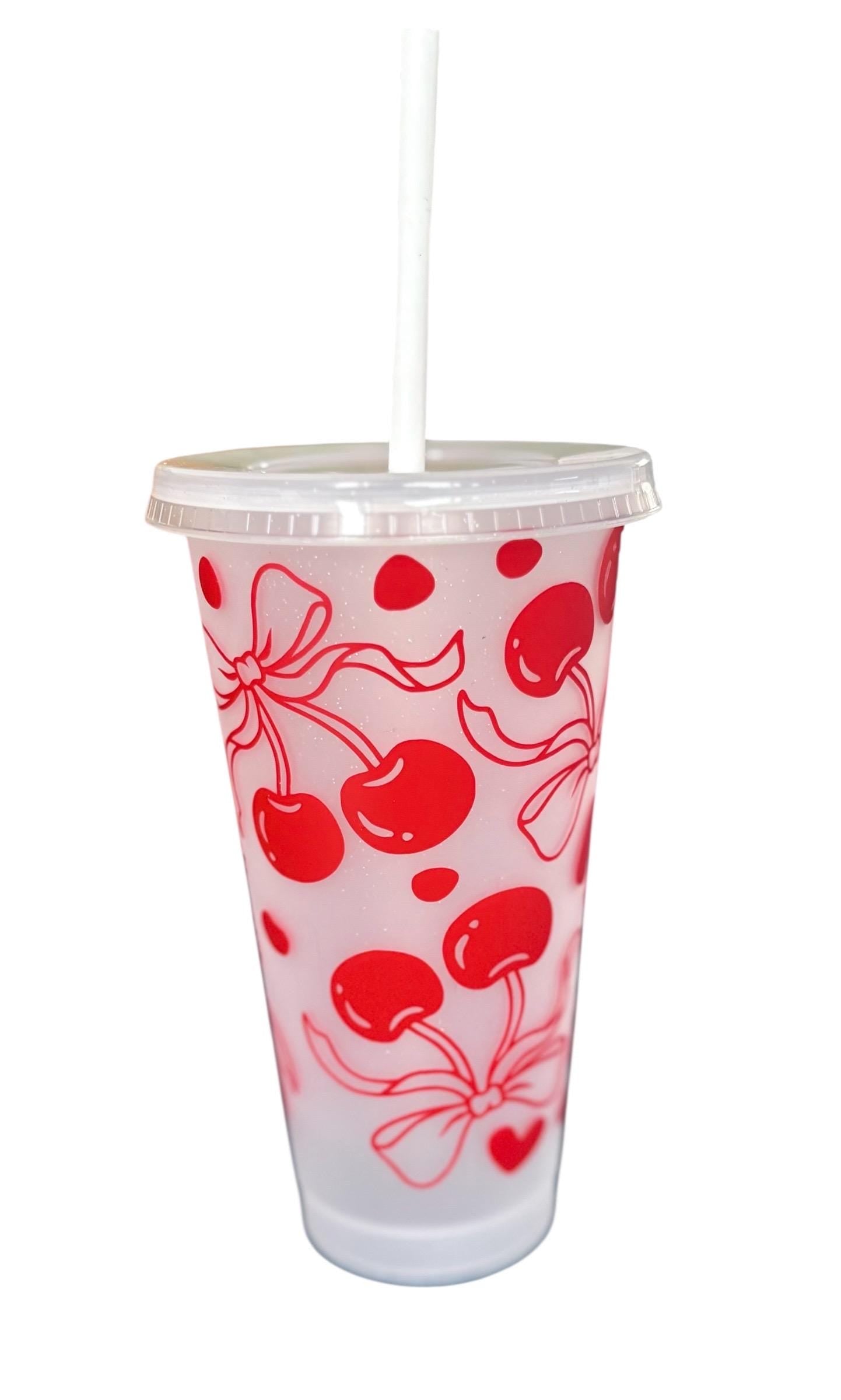 Cherry Cold Cup with Straw - Reusable Tumbler with Bow Design