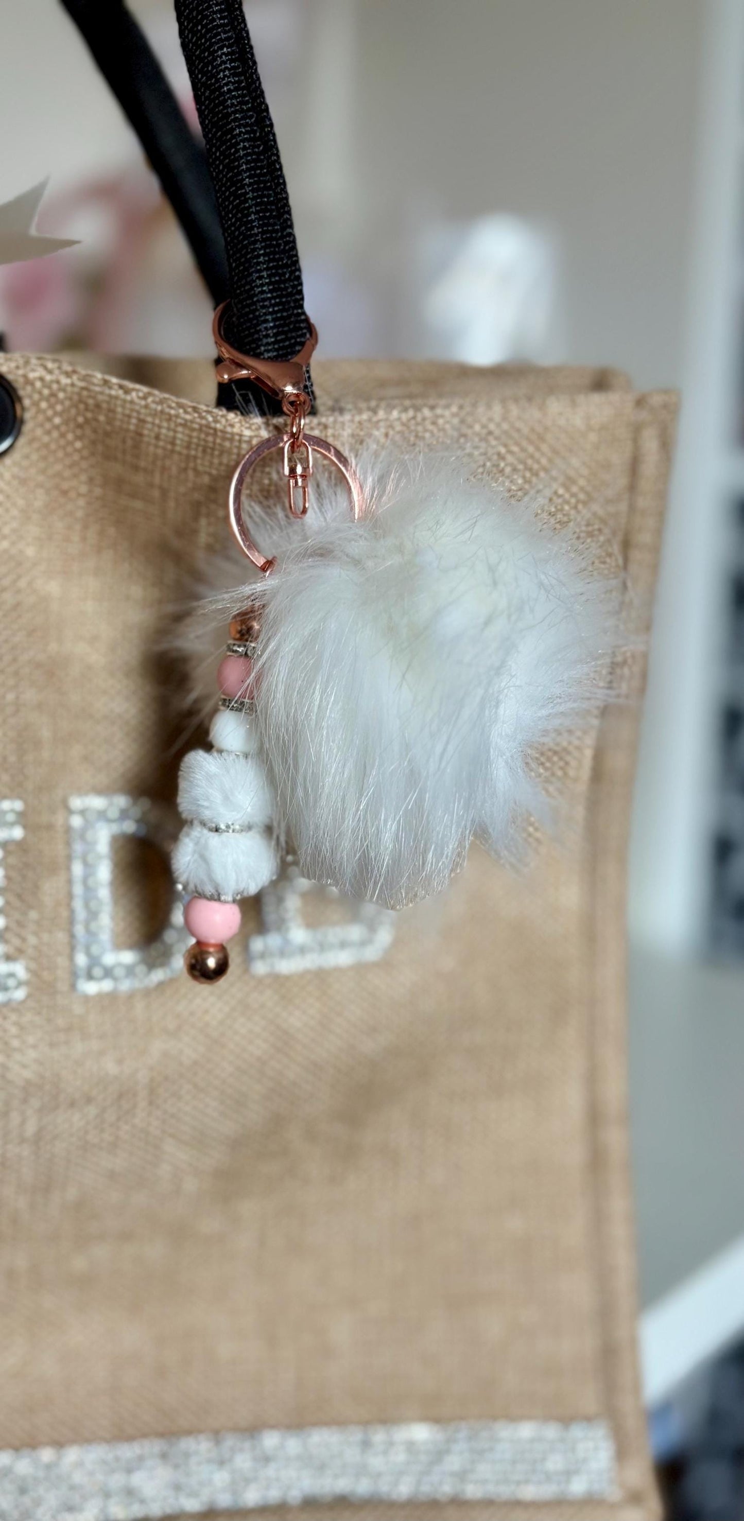 Fluffy Pom Pom Keychain: Handmade Beaded Bag Charm