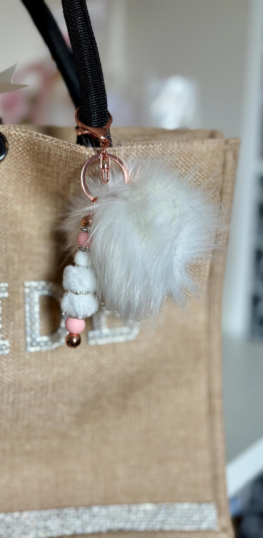 Fluffy Pom Pom Keychain: Handmade Beaded Bag Charm