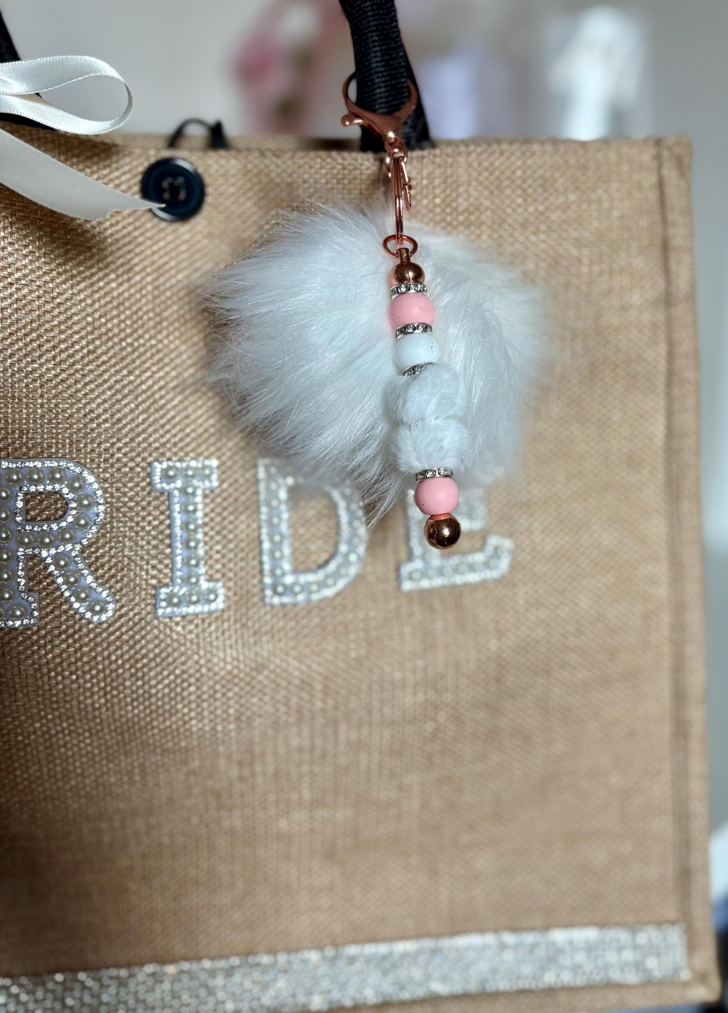 Fluffy Pom Pom Keychain: Handmade Beaded Bag Charm