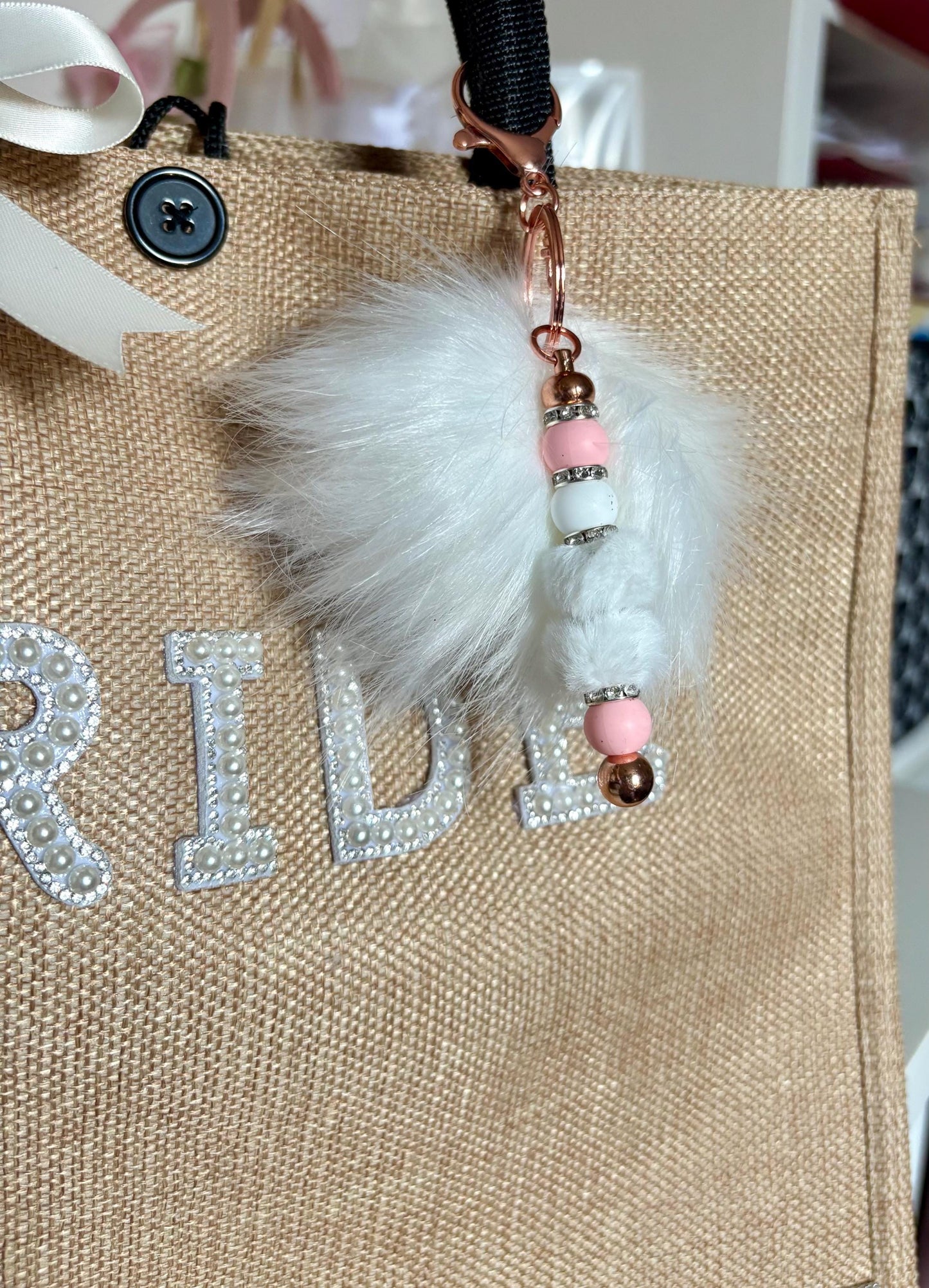 Fluffy Pom Pom Keychain: Handmade Beaded Bag Charm