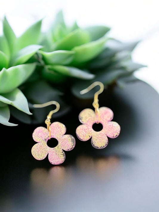 Handmade Resin Flower Earrings - Gold Tone Drop Earrings