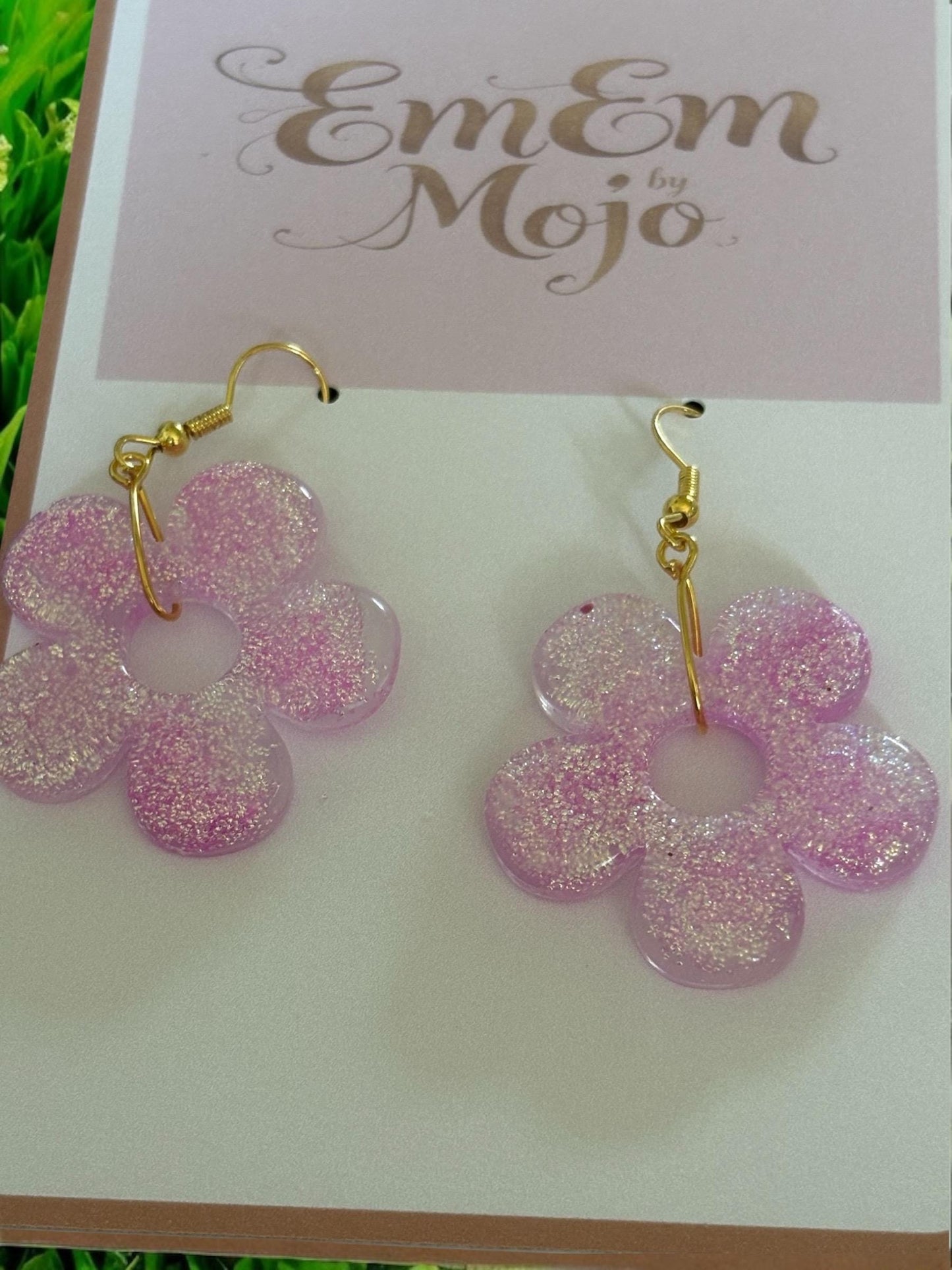 Handmade Resin Flower Earrings - Gold Tone Drop Earrings