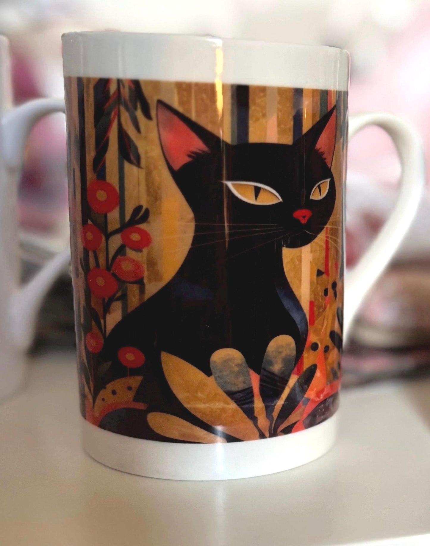 Painted Cat Mug - Artistic Ceramic or Bone China Coffee Cup Gift
