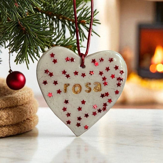 Personalised Heart Christmas Ornament With Red Stars/Custom Name Decoration