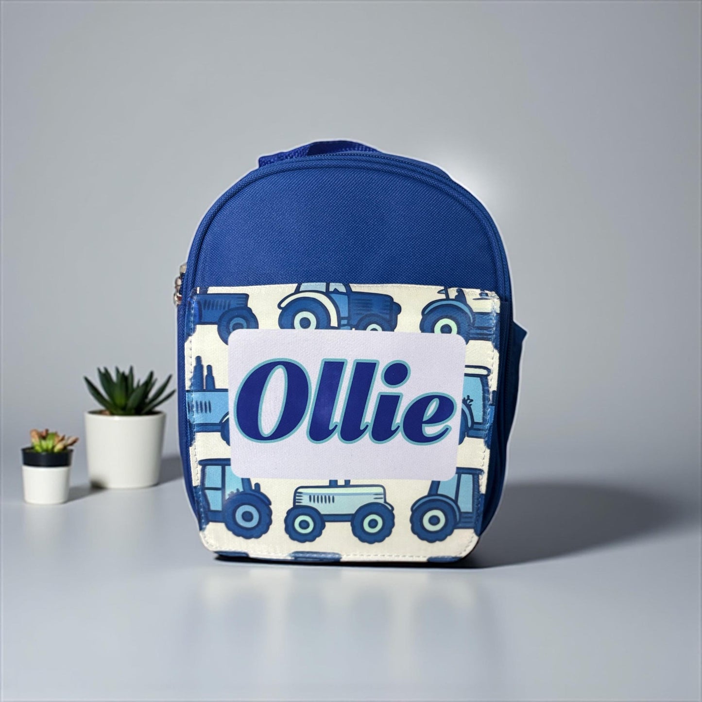 Personalised Tractor Lunch Bag - Custom Name Blue Kids School Bag