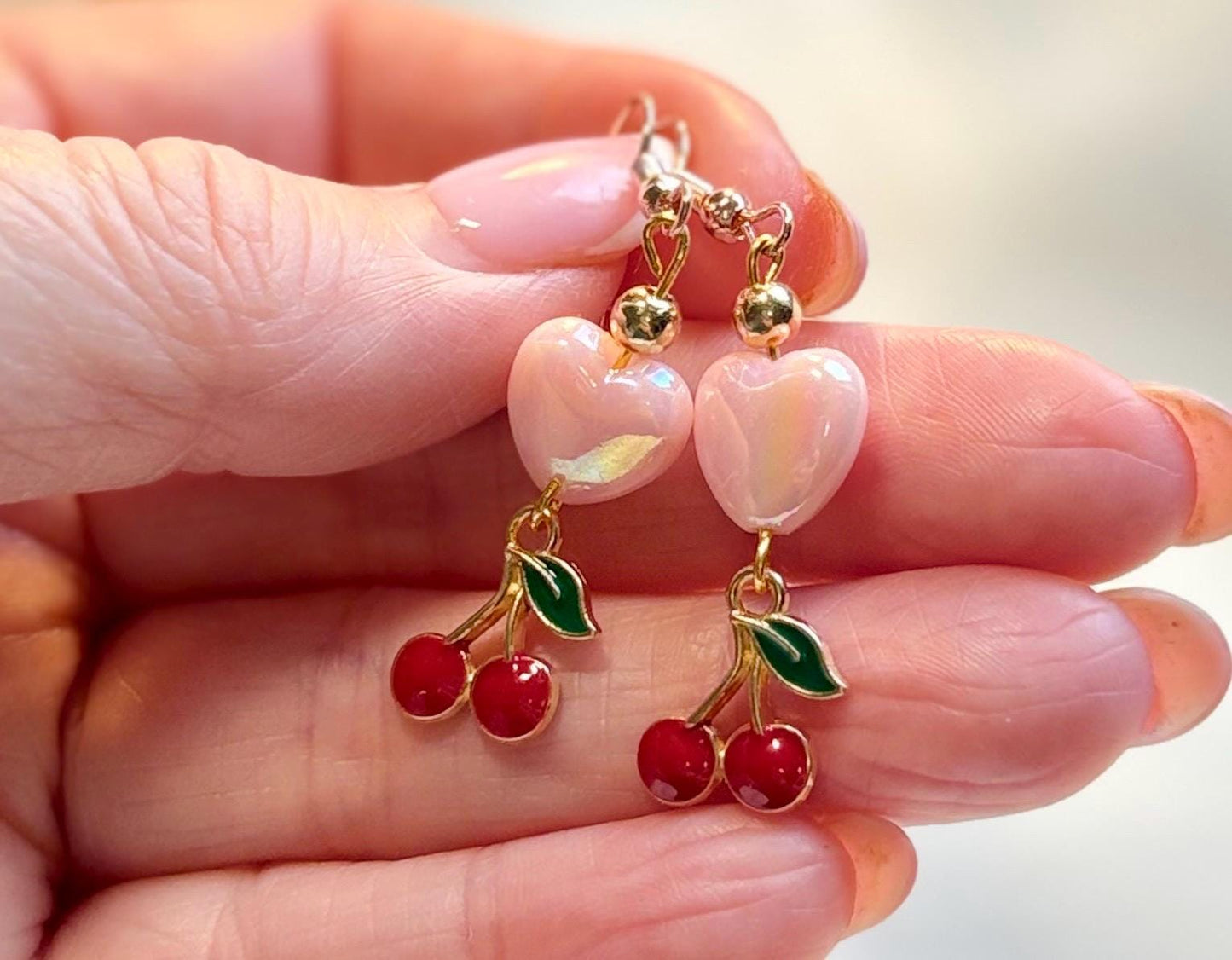 Handmade Heart & Cherry Drop Earrings - Gold Tone Charm Earrings