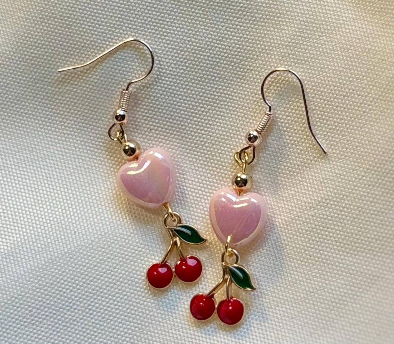 Handmade Heart & Cherry Drop Earrings - Gold Tone Charm Earrings