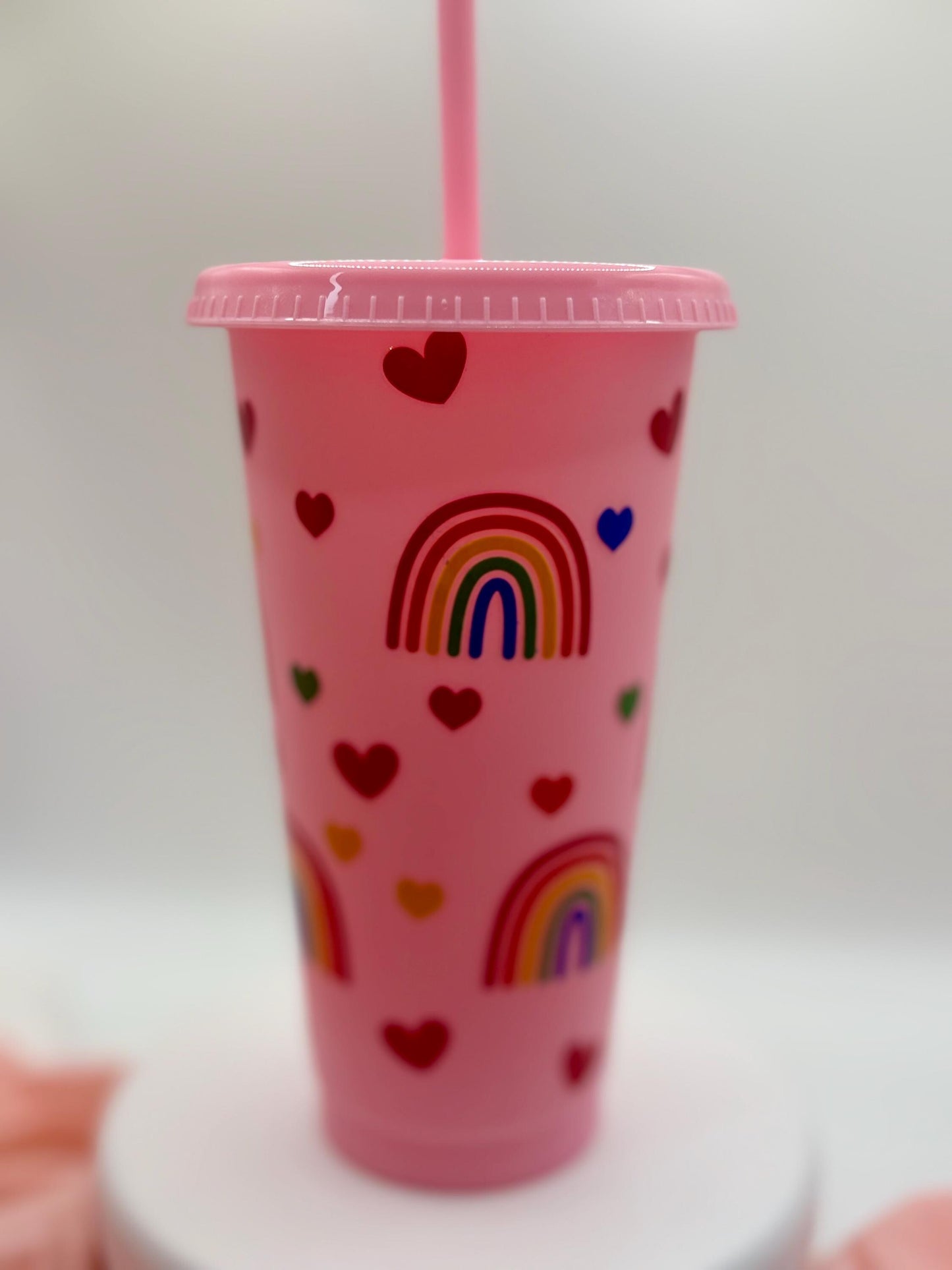 Rainbow Heart Tumbler: Reusable Plastic Cold Cup with Straw