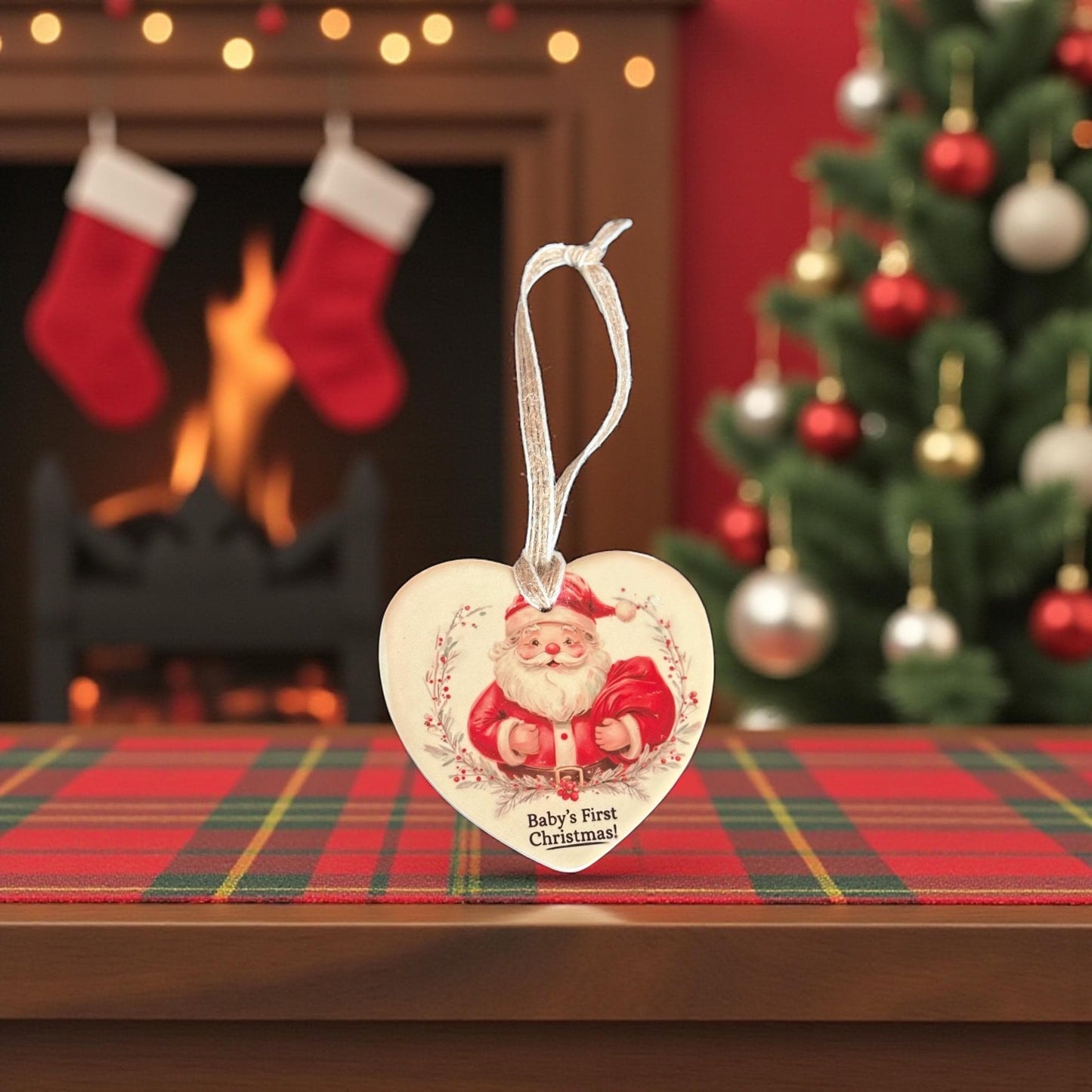 Personalised Baby's First Christmas Ornament - Vintage Santa Heart Ceramic Decoration