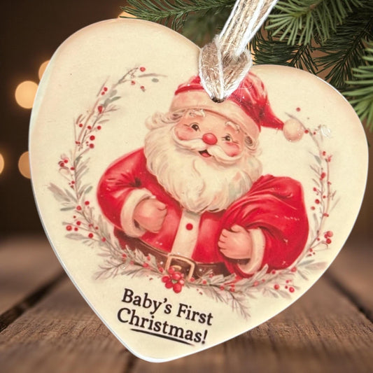 Personalised Baby's First Christmas Ornament - Vintage Santa Heart Ceramic Decoration