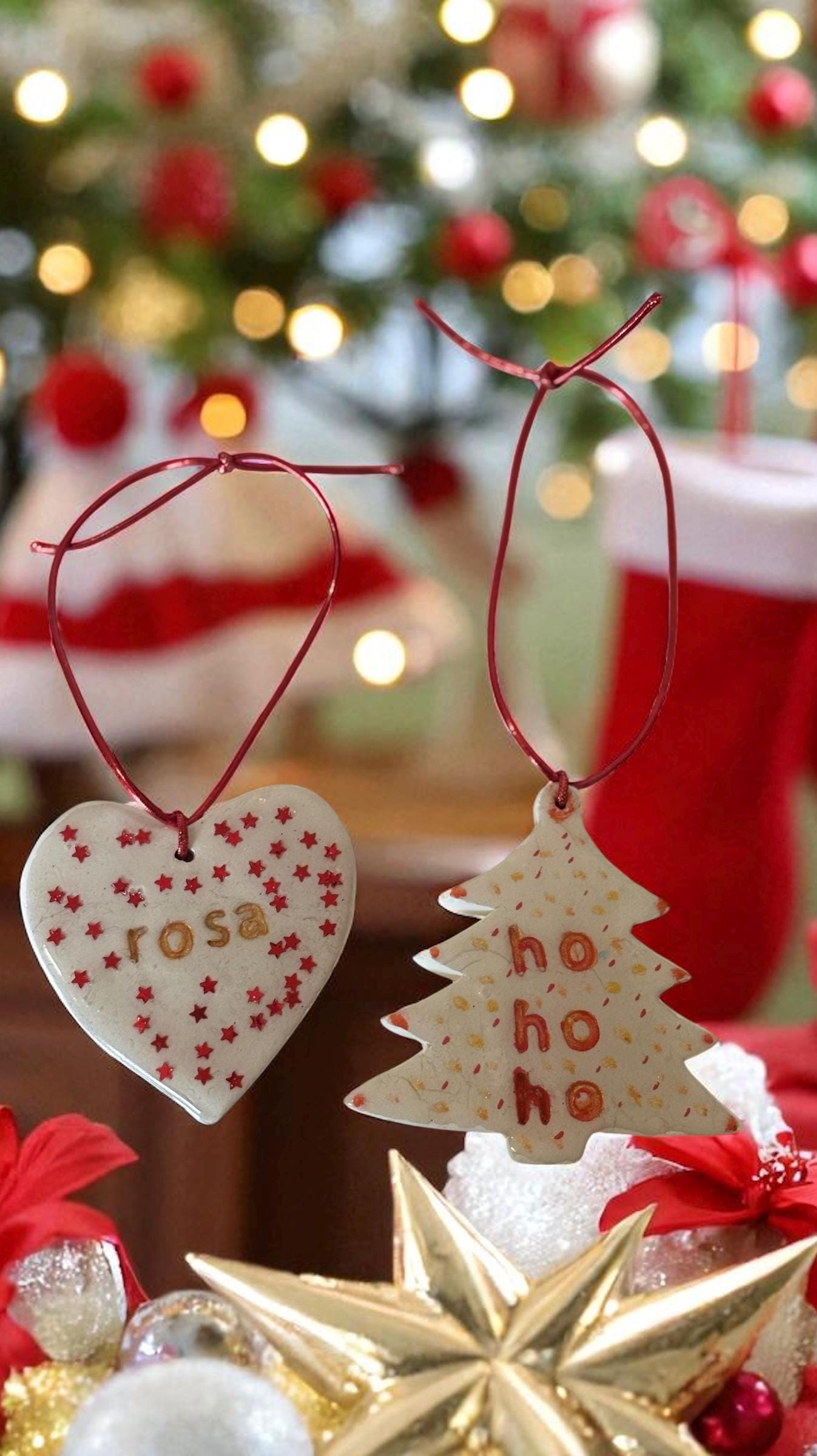 Personalised Heart Christmas Ornament With Red Stars/Custom Name Decoration