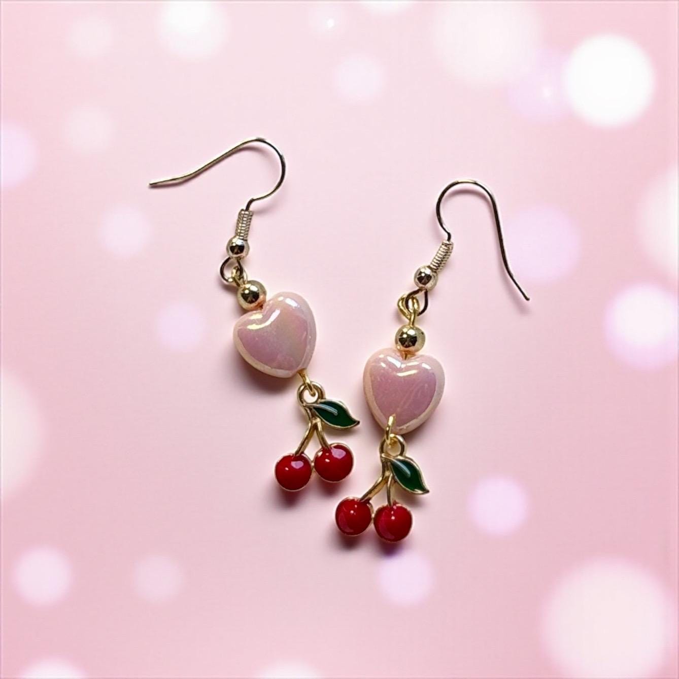 Handmade Heart & Cherry Drop Earrings - Gold Tone Charm Earrings