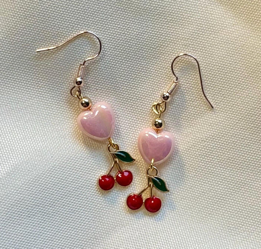 Handmade Heart & Cherry Drop Earrings - Gold Tone Charm Earrings