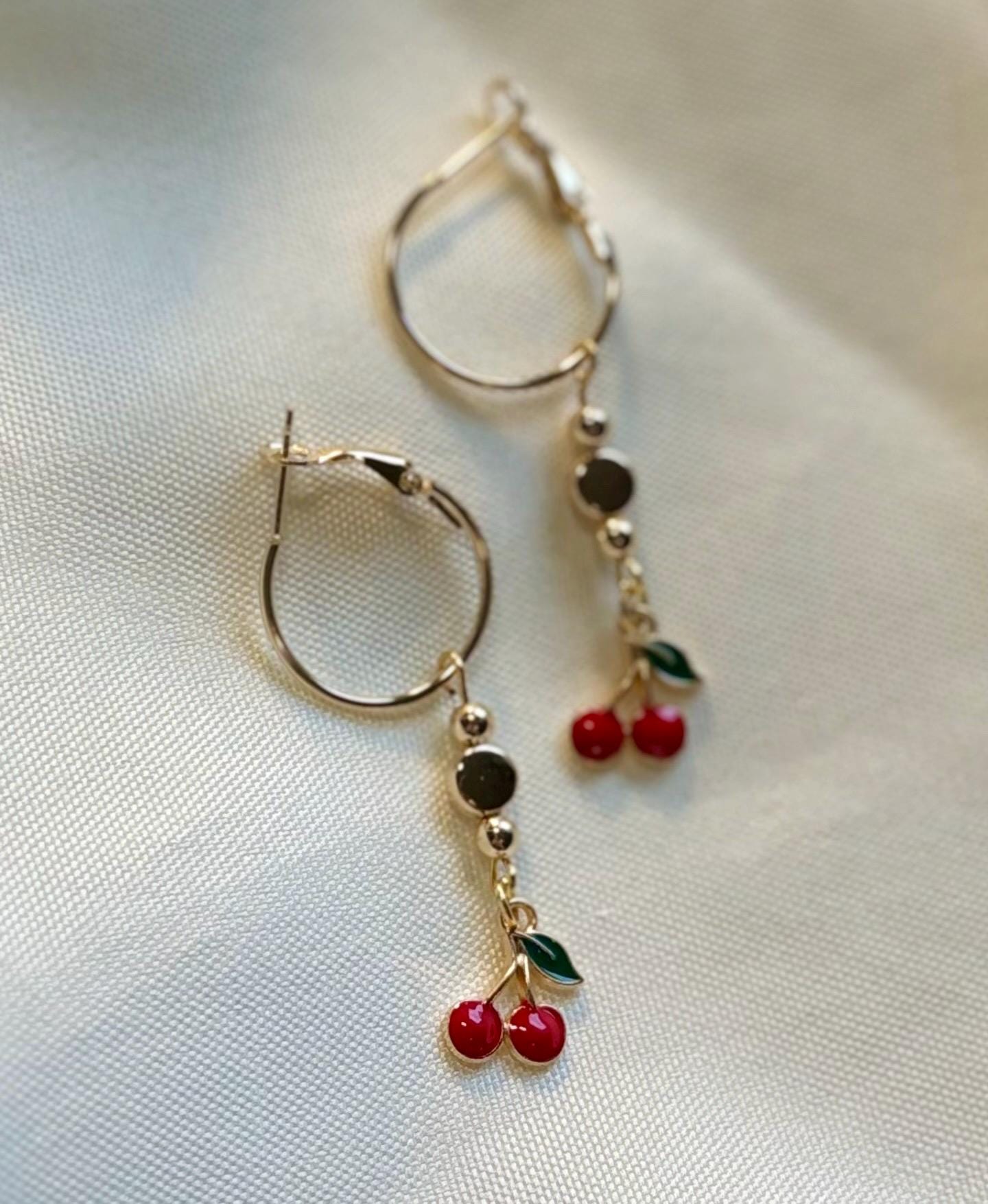 Handmade Cherry Drop Earrings - Gold Tone Fruit Charm Earrings