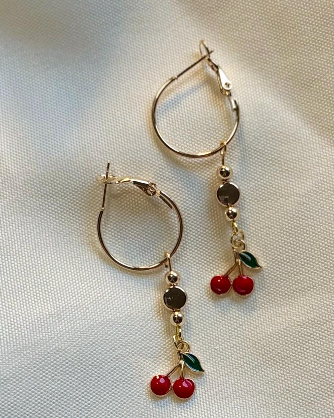 Handmade Cherry Drop Earrings - Gold Tone Fruit Charm Earrings