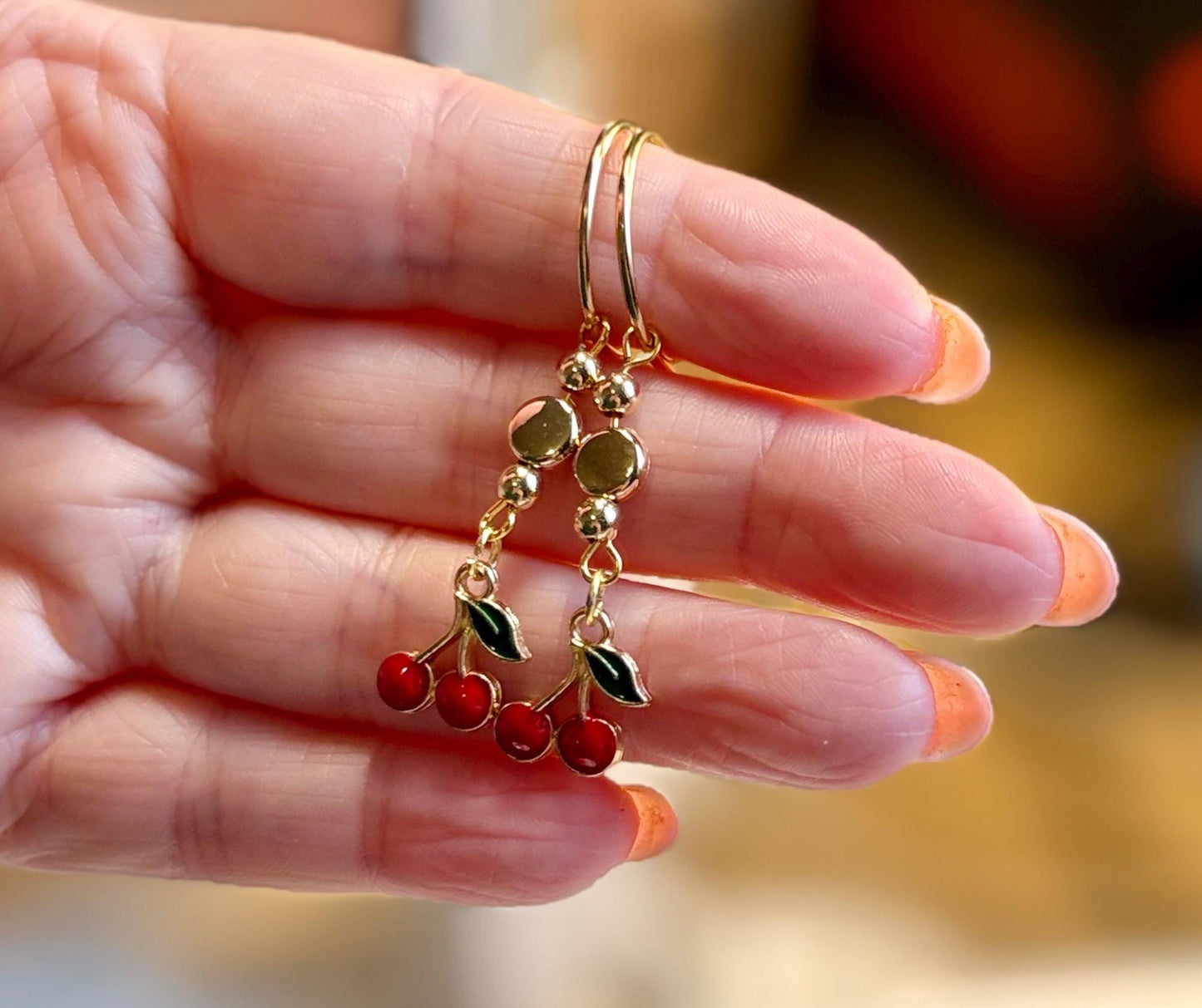 Handmade Cherry Drop Earrings - Gold Tone Fruit Charm Earrings