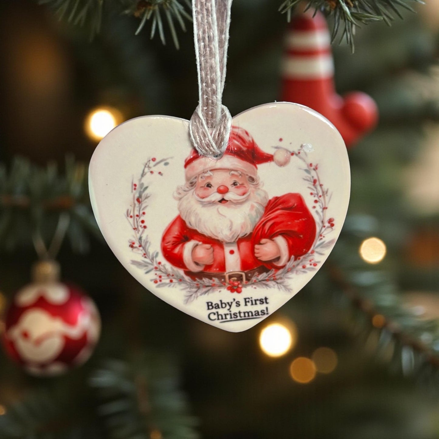 Personalised Baby's First Christmas Ornament - Vintage Santa Heart Ceramic Decoration