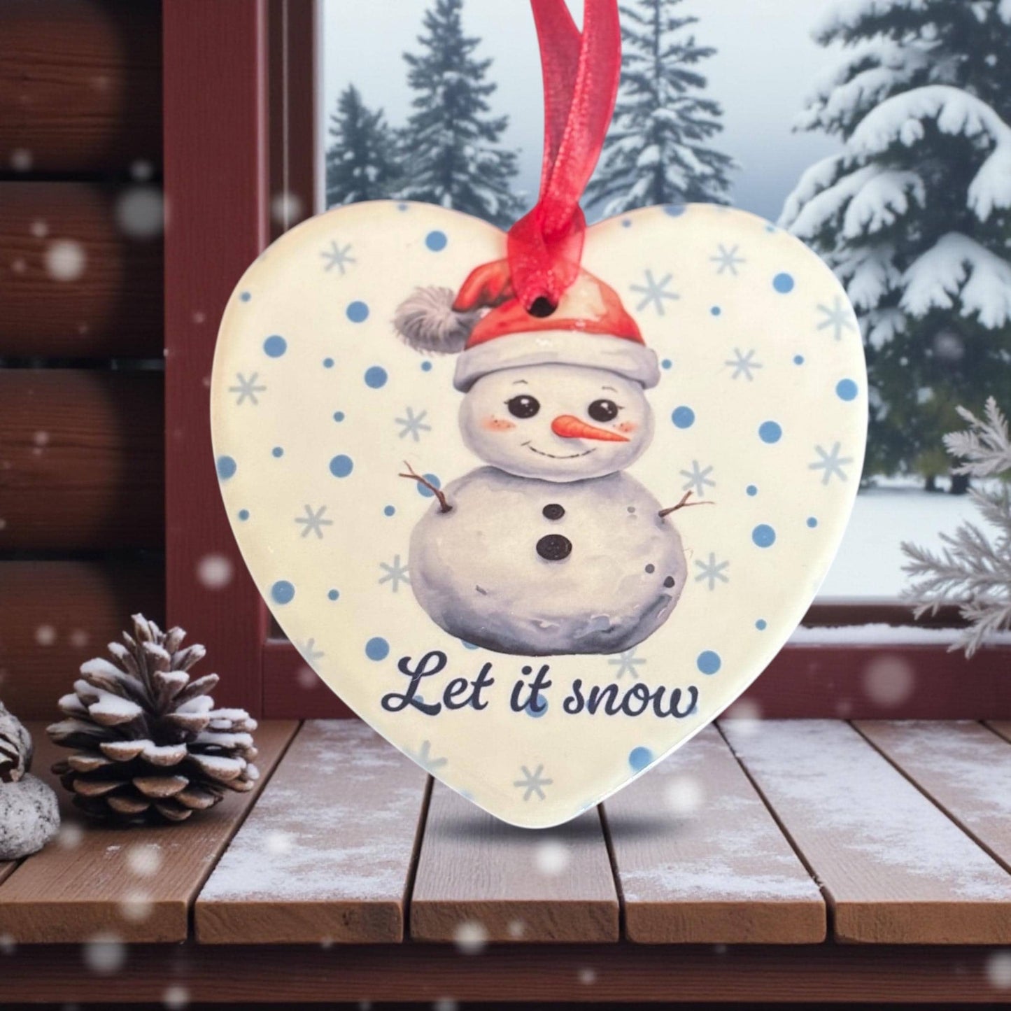 Snowman Christmas Heart Ornament - 'Let It Snow' Ceramic Tree Decoration