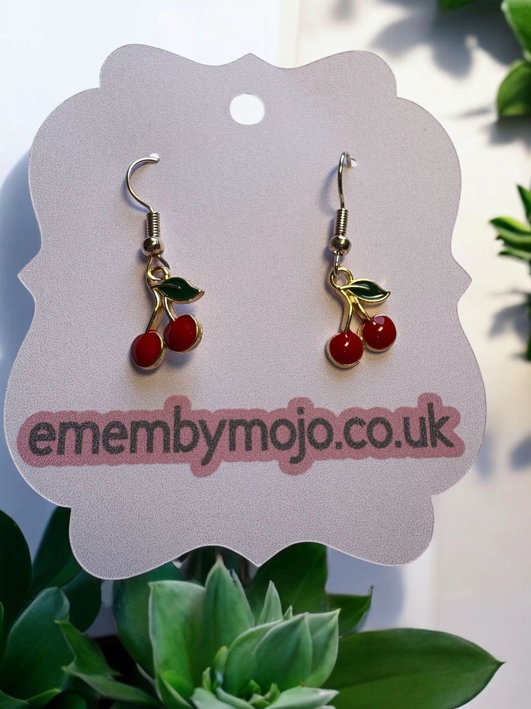 cherry dangle earrings with gold and green leaf detail/fun and quirky jewellery gift